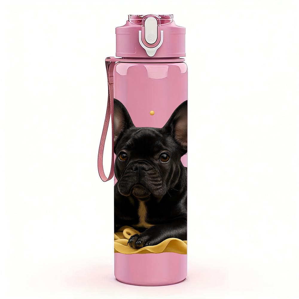 1PC Black French Bulldog Bust 750ml Color Plastic Sports Water Bottle Leakproof Flip Straw Lid For Sports Office Home Use