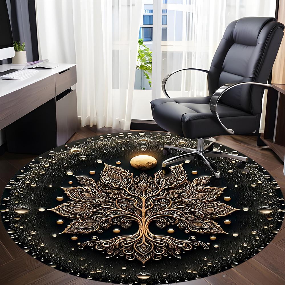 1pc Golden Mandala Life Tree Office Round Area Rug, Mat Suitable For Office, Under Office Chairs Bedroom Living Room Home Decor, Room Deco