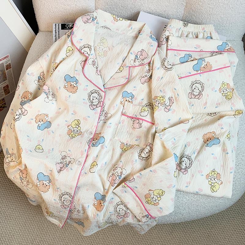 Милый пижамный комплект с принтом кота в японском стиле с длинными рукавами из хлопка для женщин - Весна/Осень