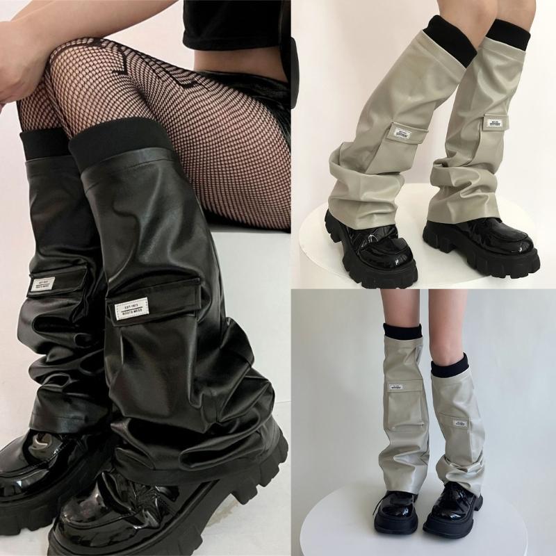 Womens PU Leathers Leg Warmers Long Leg Sleeve Socks Warm Adult Girls Boot Socks Party Casual Streetwear