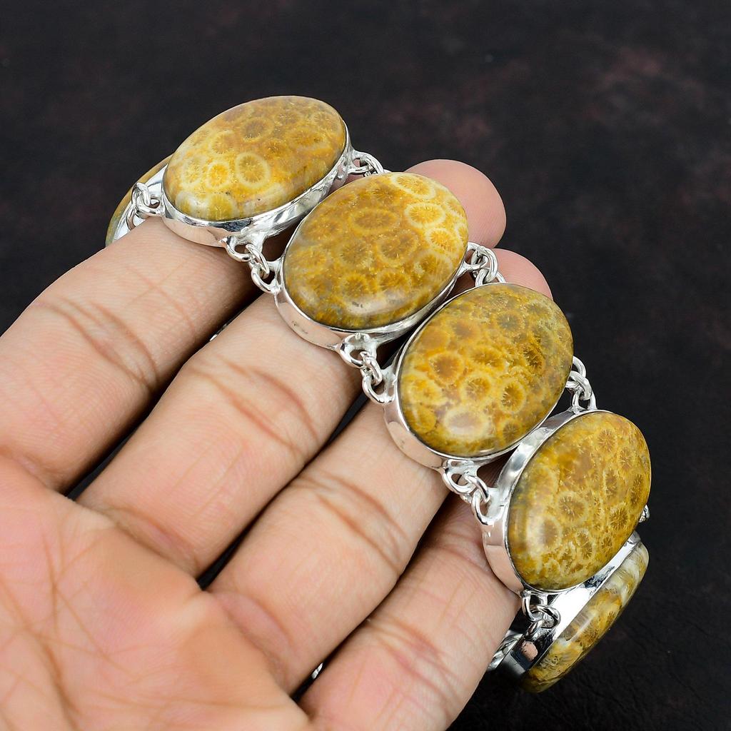 Браслет из ископаемого коралла Браслет из натурального драгоценного камня Браслет из стерлингового серебра 925 пробы Регулируемый браслет-цепочка Изящный ювелирный подарок ручной работы для жены