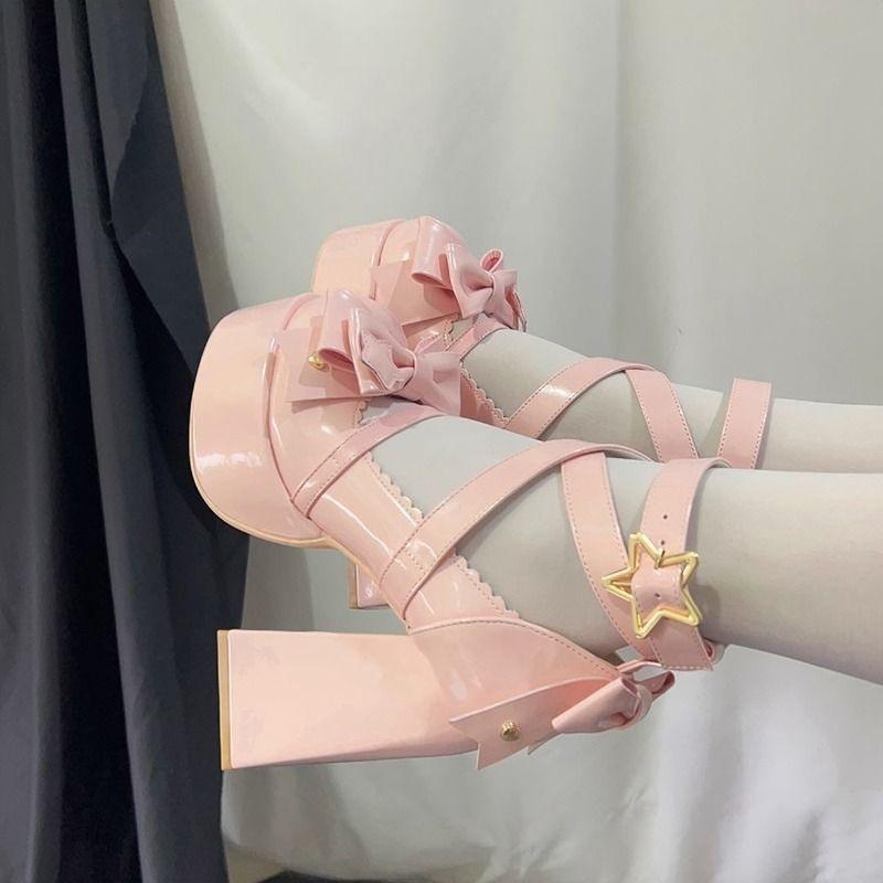 Новинка 2024 года, милая винтажная обувь Мэри Джейн, женская обувь в стиле Лолита с пряжкой в ​​виде звезды, кавайная обувь на платформе, женская милая дизайнерская обувь с бантом