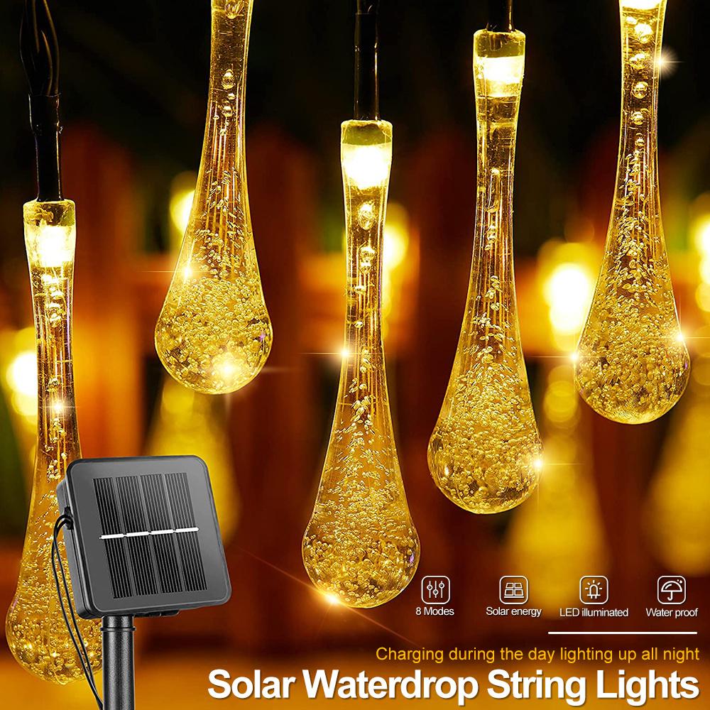 Водонепроницаемая светодиодная гирлянда в форме капли воды на солнечной энергии подходит для украшения рождественской свадьбы на открытом воздухе