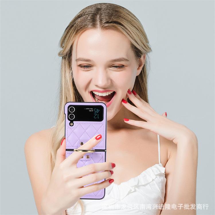 Применимо к складной защитной крышке для мобильного телефона Samsung Z Flip5 с кольцом-пряжкой, японский и корейский чехол из кожаного материала с бриллиантами, защитный чехол для задней крышки zflip4.