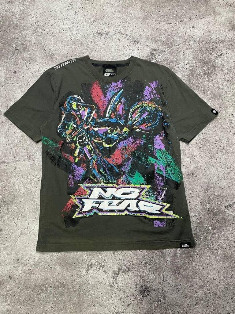 Vintage No Fear Graphic T-Shirt and kids shirt Olive Green Colorful Design Moto Racer M