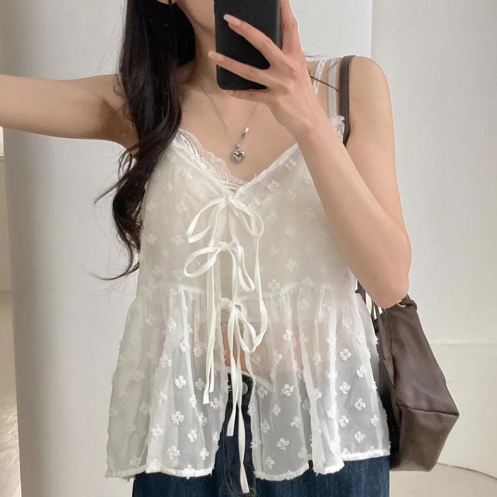 French Lace Sling Elegant Mesh Tops Women Summer Fashion Stacked Design Loose Gauze Tanks Korea Vintage Outwear Camis 2024 New