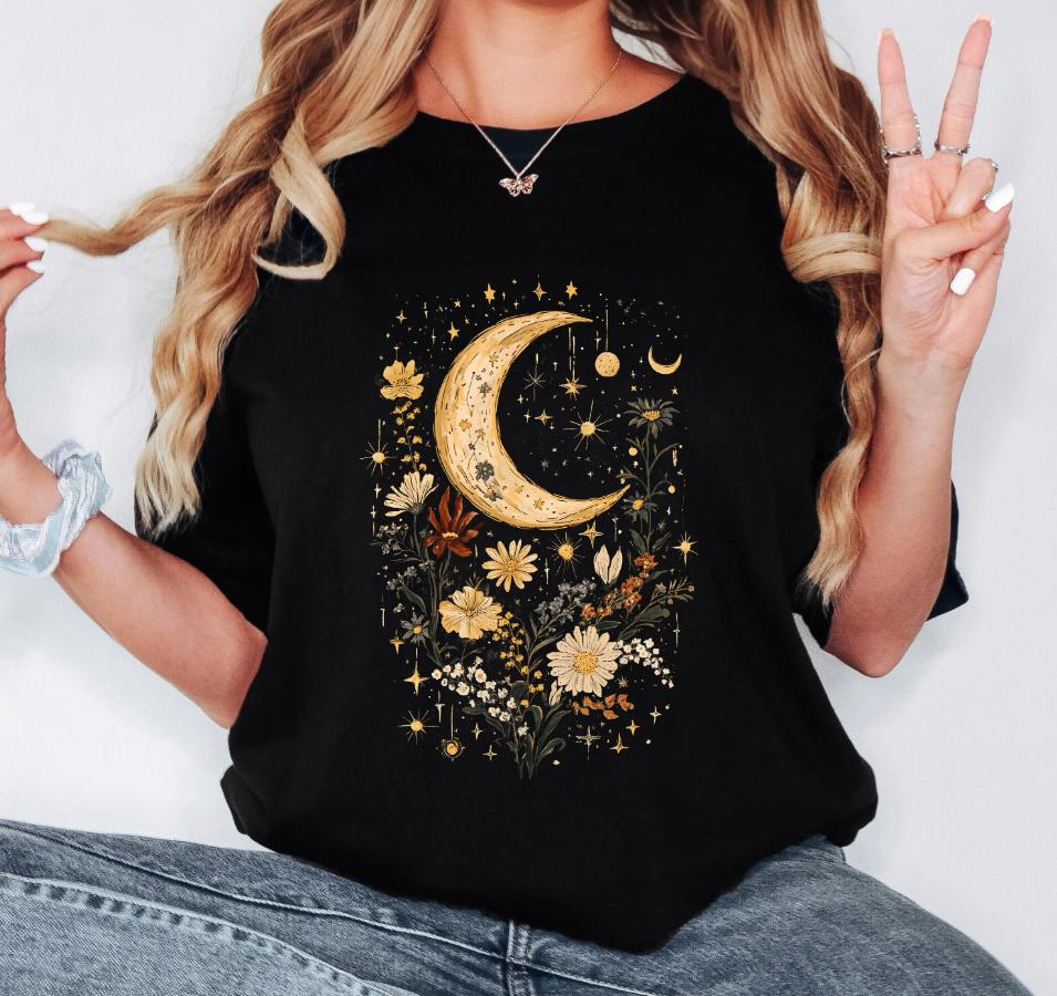 Большой размер Летняя женская рубашка с луной и полевыми цветами Коттеджкор Футболка Хлопок Дышащая Стильная Универсальная Уличный стиль Оверсайз