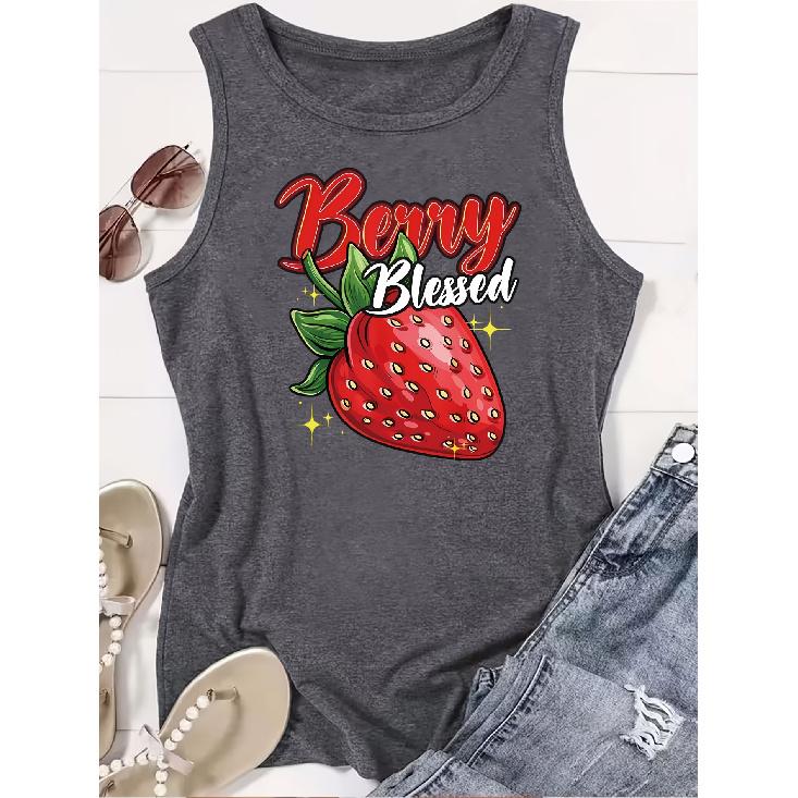 Elegant Vest for Women Berry Blessed Strawberry print casual loose summer vest Fashionable, unique, sweet, suitable for commuting, vacation, and