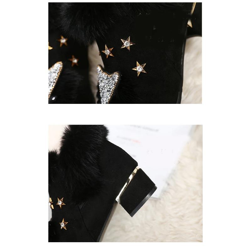 Женские ботильоны с кристаллами в виде головы лисы, женские сапоги, зимняя мода, металлический острый нос, пушистый плюш, высокий каблук, женская обувь для свадебной вечеринки