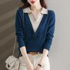 Fake Two Piece Knitted Sweater Women Fashion Lapel All Match V Neck Autumn Winter Pullover Top Casual Basic Sweaters
