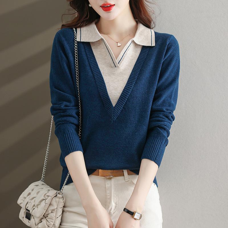 Fake Two Piece Knitted Sweater Women Fashion Lapel All Match V Neck Autumn Winter Pullover Top Casual Basic Sweaters