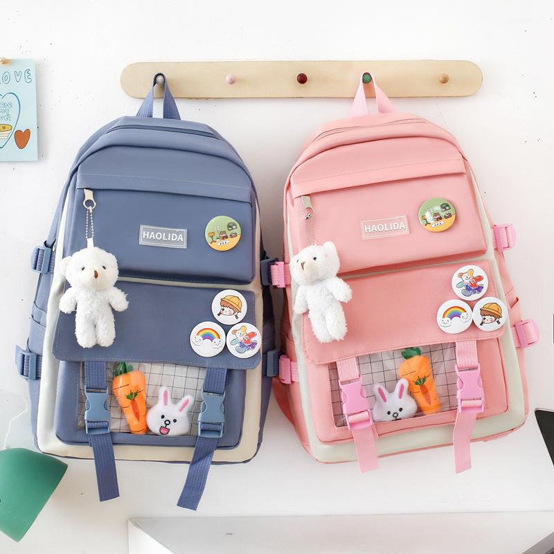 Large-capacity Elementary School Junior High School Students Backpack Five-piece Cute Suit and Bunny Radish Doll Pendant Backpack Multi-compartment