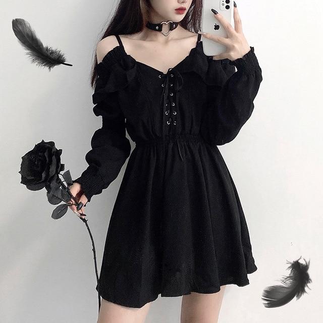 Women Dress Plus Size Lace Up Black Spring Autumn Sexy High Waist Femme Dresses Off Shoulder Long Sleeve Gothic Clothes