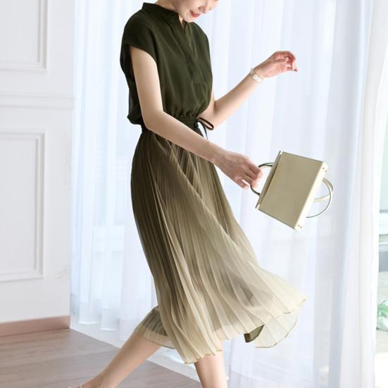 Stand Collar V-neck Flying Sleeve Elastic Waist Drawstring Summer Dress Gradient Color Pleated