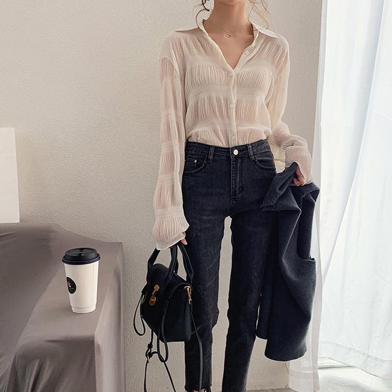 Chiffon Blouses Women Turn Down Collar Long Sleeve Korean Fashion Vintage Elegant Casual Office Lady Large Size Shirts