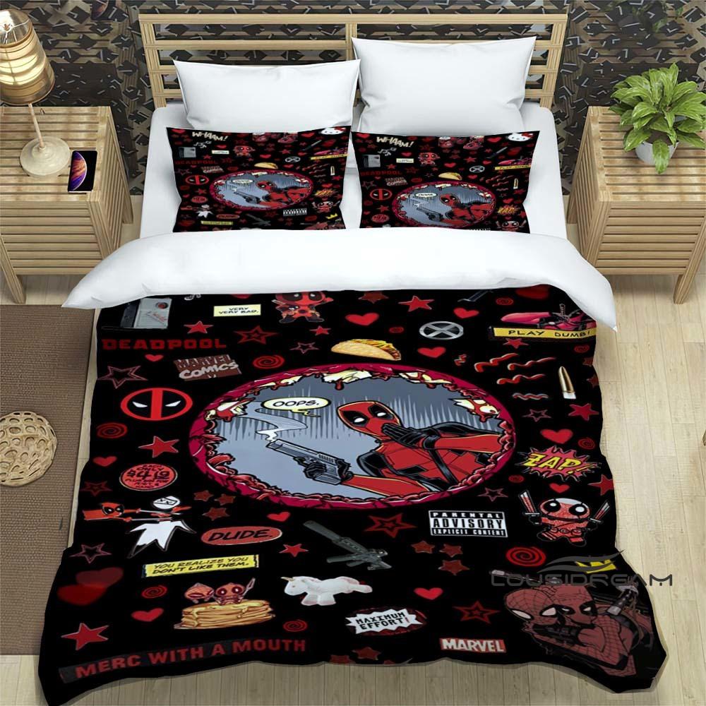3D printed cartoon Deadpool duvet cover and pillowcase bedding set, suitable for boys and girls' bedroom decoration, children's