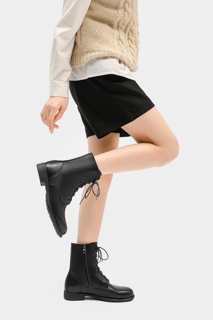 Оригинальные ботинки с короткой боковой молнией [ZUYEE] для женщин, кожаные, на плоской подошве, на молнии, на шнуровке, ботинки, черные, 24.0 см