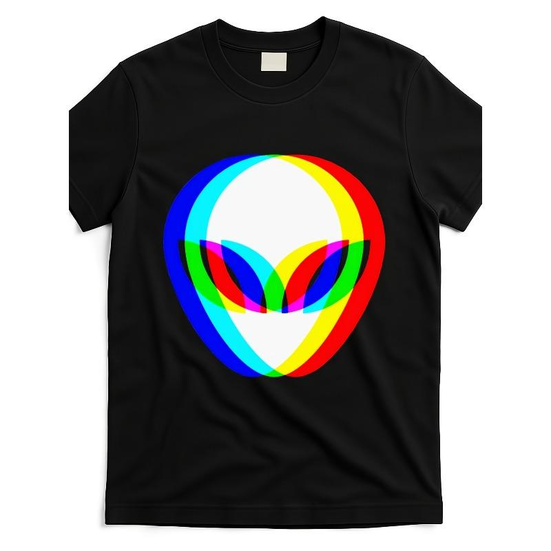 Европейский размер Alien Head Trippy Vaporwave Графическая футболка - Футболка в ретро-стиле с ярким радужным принтом, Повседневная рубашка для мужчин, Удобный крой