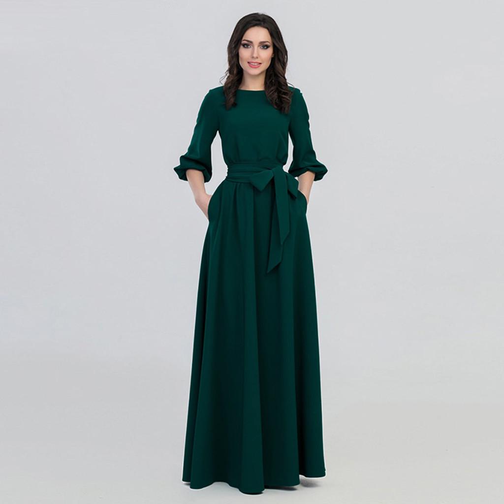 Women Summer Casual Party Dress  Sleeve Solid Long Dresses With Belt