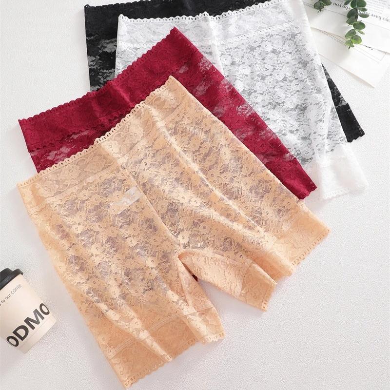 S-XXL Lace High Waist Boyshort Underwear Women's Sexy Hollow Out Solid Color Lingerie Transparent Stretchy Boxer Panties