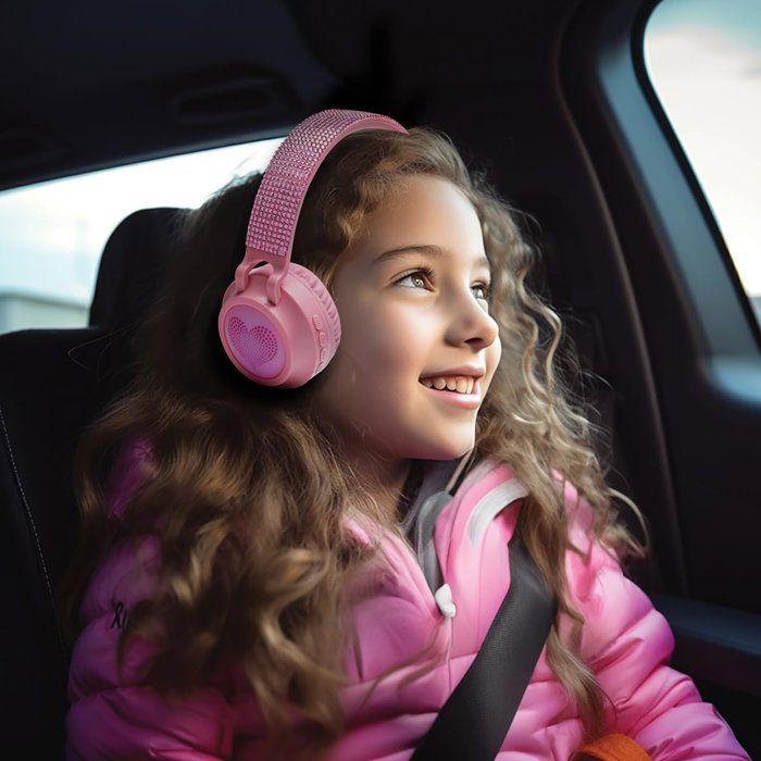 LEXIBOOK - Casque lumineux pliable Bluetooth® et filaire avec un design 3D strass roses avec limitation du volume