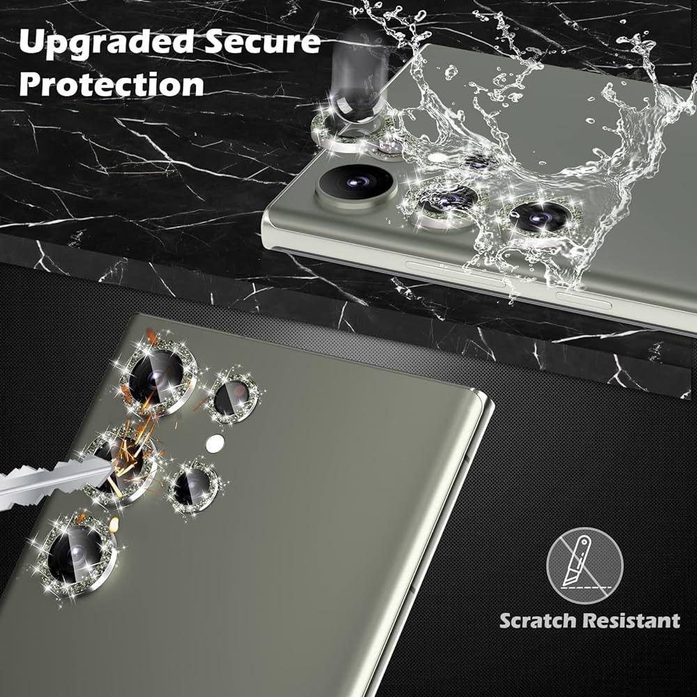 1 Set For Samsung Galaxy S24 S23 Ultra S24 S23 Plus Bling Glitter Diamond Metal Camera Lens Protector Ring with Tempered Glass
