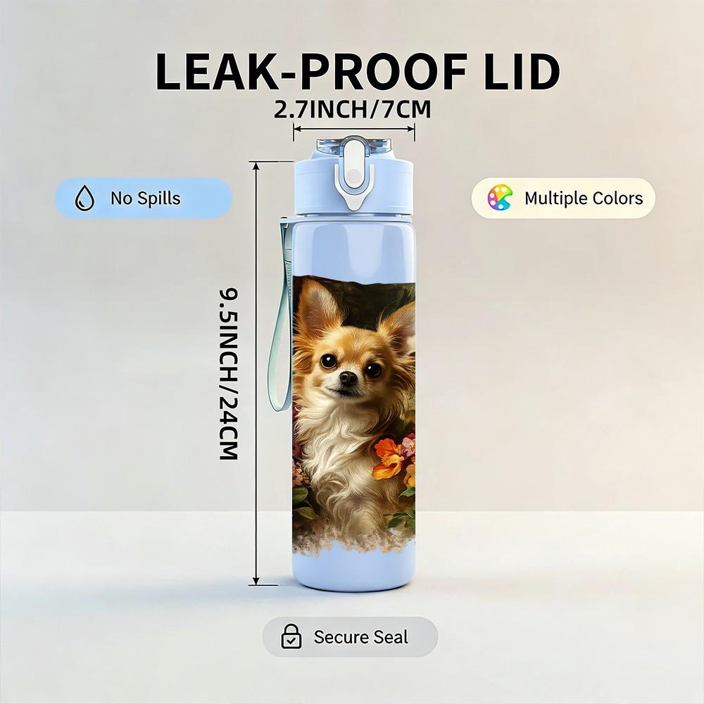 1PC Corgi Dog Rose Flower Pillow Print 750ml Color Plastic Sports Water Bottle Leakproof Flip Straw Lid Suitable for Sports Office Home Use