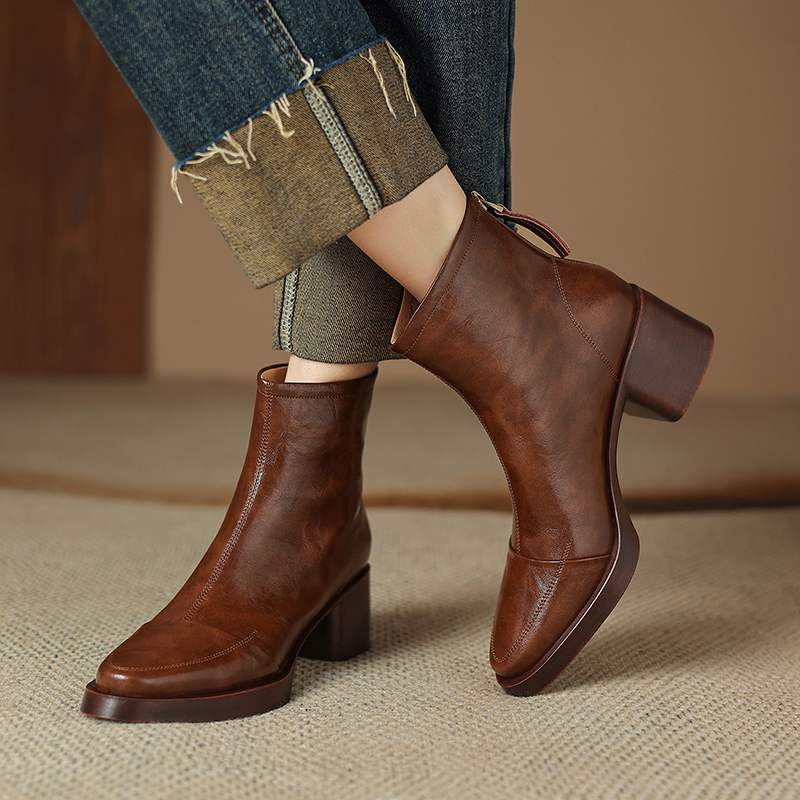 Krazing Pot Cow Skin Winter Round Toe Chunky Heels Fashion Boots Women Zipper Retro Elegant Women Ankle Boots