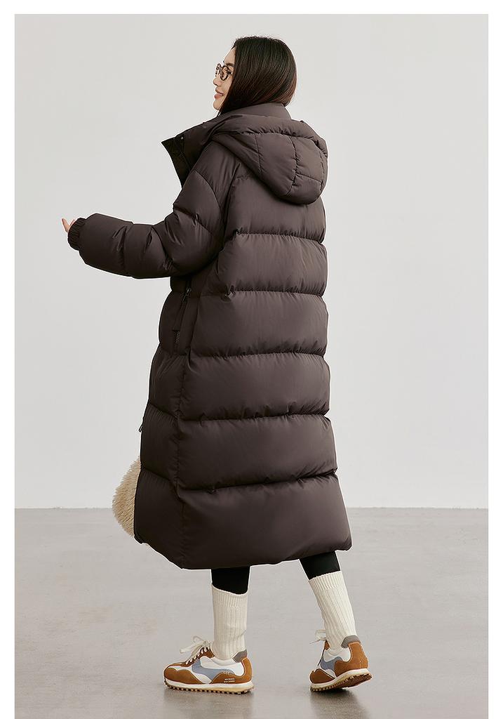 Falling shoulder double zipper stand up collar hooded cloud down jacket