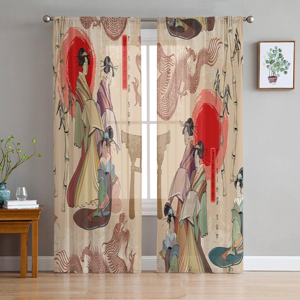 Кимоно, японская женская занавеска гейши для гостиной, прозрачные тюлевые шторы, прозрачные оконные занавески для спальни, аксессуары, декор