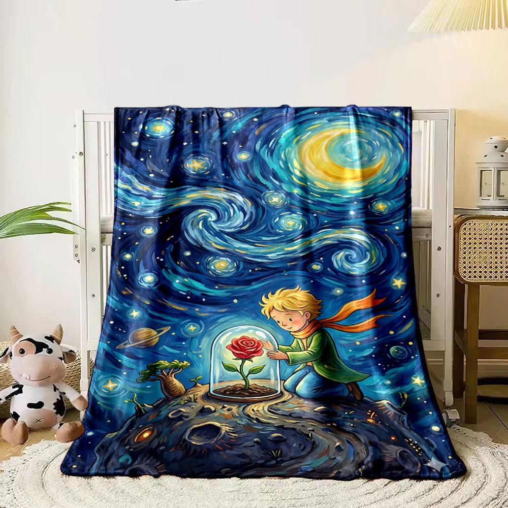 A swirling starry night sky with a rose under a glass dome on a planet. for all seasons blanket lunch break throw gift