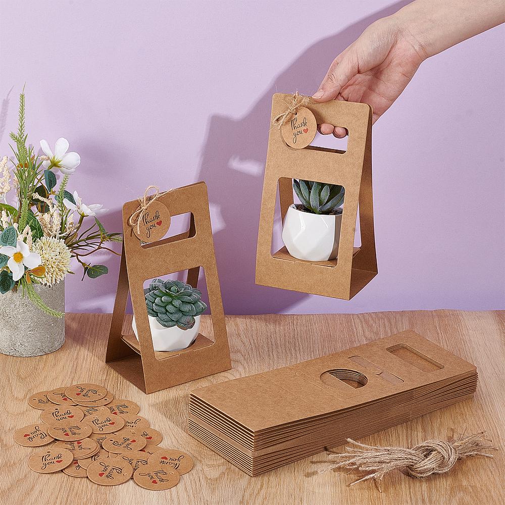 32Pcs Paper Flower Packing Baskets Flower Boxes with Handles Rectangle with 32Pcs Paper Thank You Hanging Gift Tags and 32Pcs Jute Cords