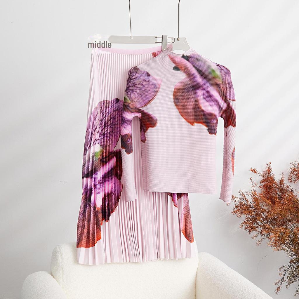 Женский костюм Western High-End с цветочным принтом и плиссированной юбкой - серия Miyake Me