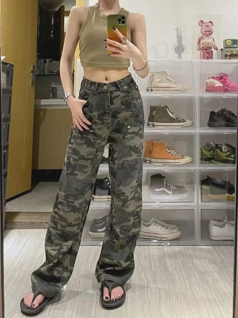 Женский повседневный комбинезон в корейском камуфляже 2023 года — свободные, облегающие, прямые брюки в стиле High Street.