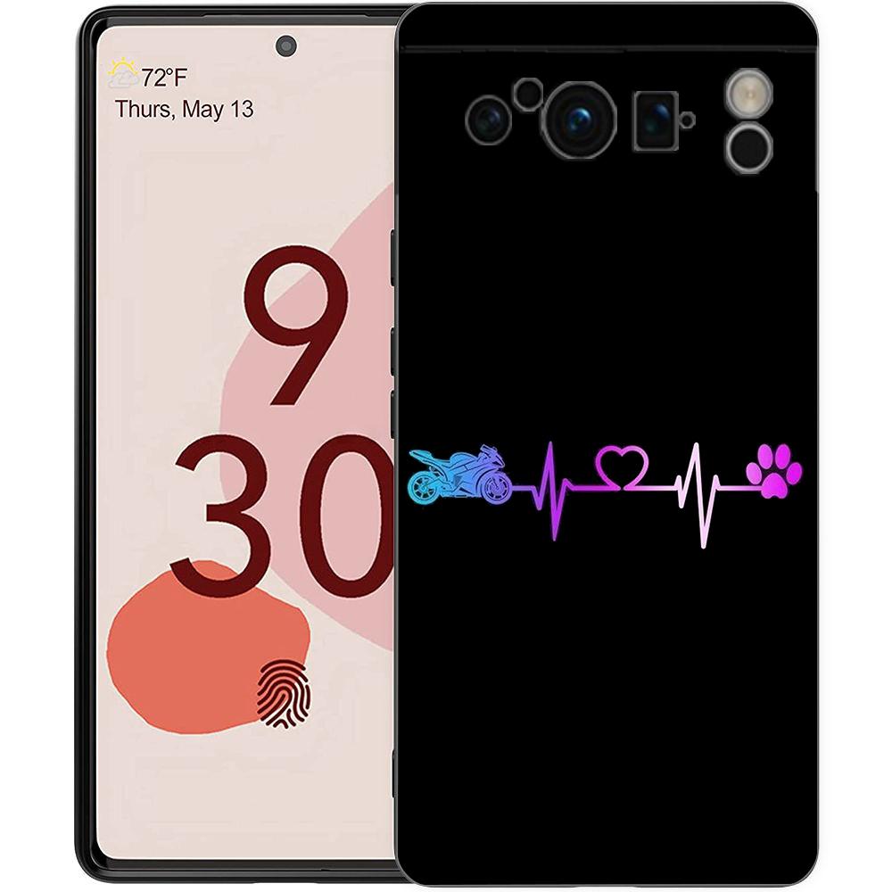 Роскошный TPU чехол для телефона Google Pixel 9 8 8A 7 7A 6 Pro XL 6A 5G Мотоцикл Сердцебиение Черный Мягкая задняя крышка