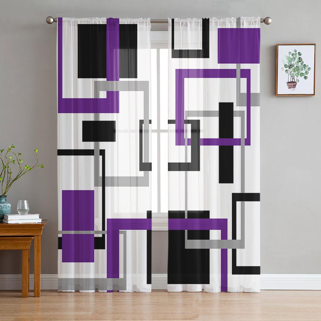 Abstract Geometric Squares Art Black Red Sheer Curtain Living Room Printed Tulle Window Curtain Luxury Home Balcony Decor Drapes