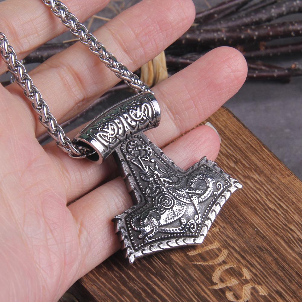 Norse Vikings Thor Hammer Mjolnir Necklace Stainless Steel Chain Viking Rune Amulet Vegvisir Pendant Male Jewelry