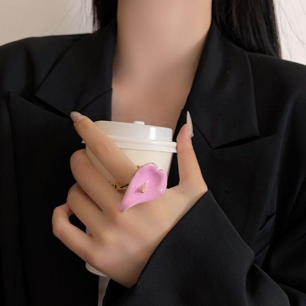 Adjustable Geometric Open Ring Metal Vintage Ring Luxury Enamel Calla Flower Ring Party