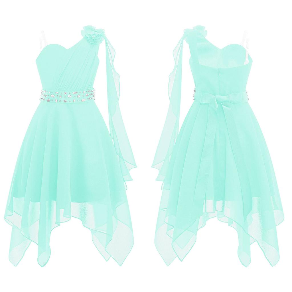 Детское платье с цветочным узором для девочек, шифоновое летнее платье принцессы на одно плечо, свадьбу, день рождения, с блестящим поясом из бисера