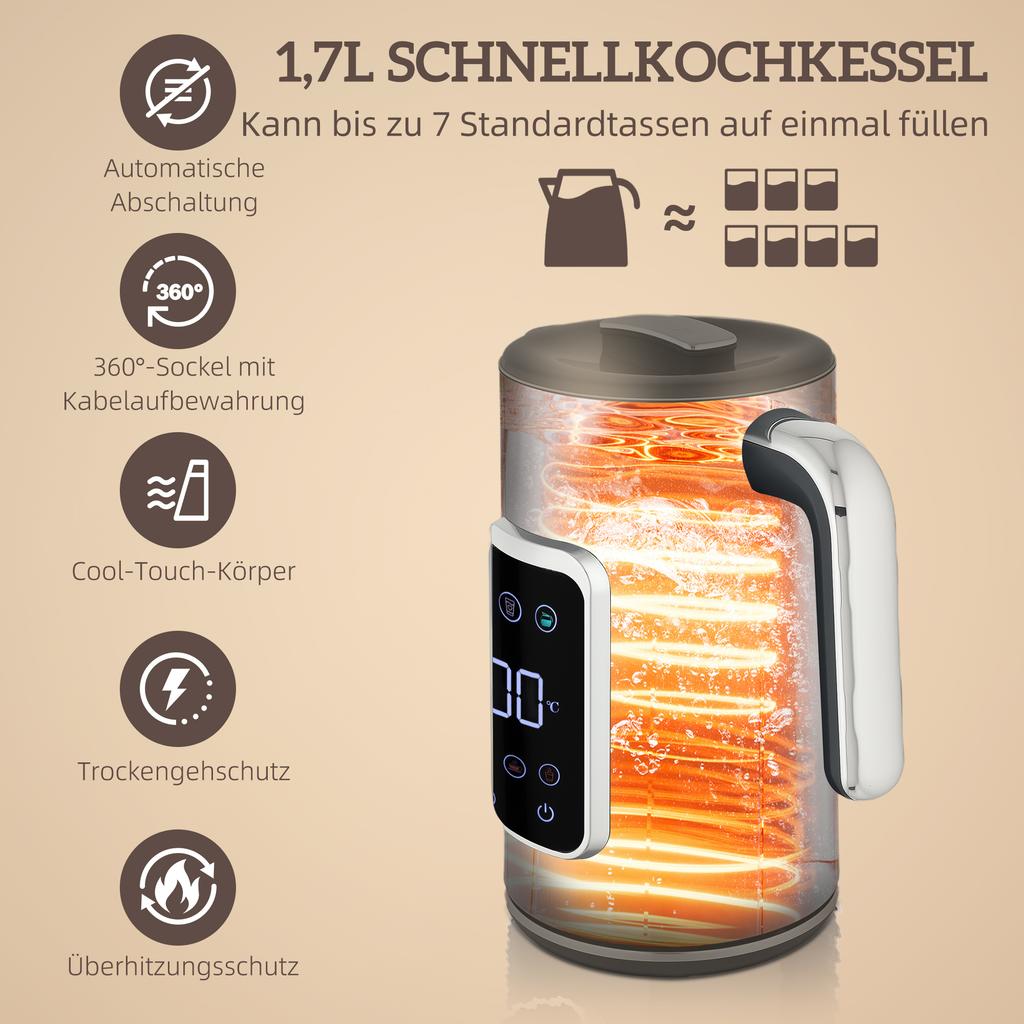 Kettle and Toaster Set with LED Touchscreen, 1.7 L, 2 Toaster Slots, Various Modes and Functions, Black