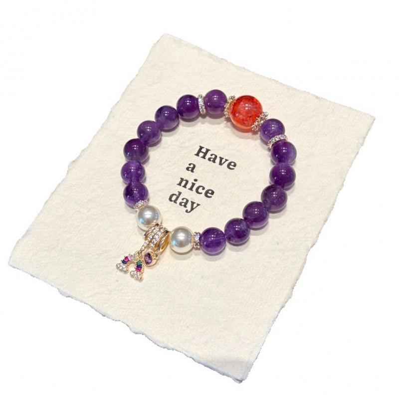 Natural Amethyst Red Rutilated Quartz Beaded Bracelet Women 10mm Single Circle Rare Gemstone Jewelry