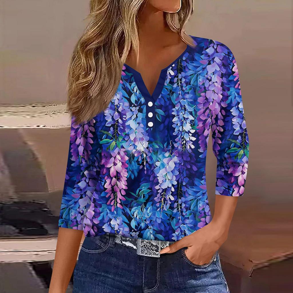3/4 Length Sleeve Womens Tops Print Vintage Fashion Casual Loose With V Neck Plus Size Shirts Tops