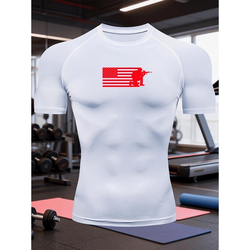 Men's White American Flag Shooter Silhouette Compression T-Shirt Tactical Print Quick Dry Gym Workout Top