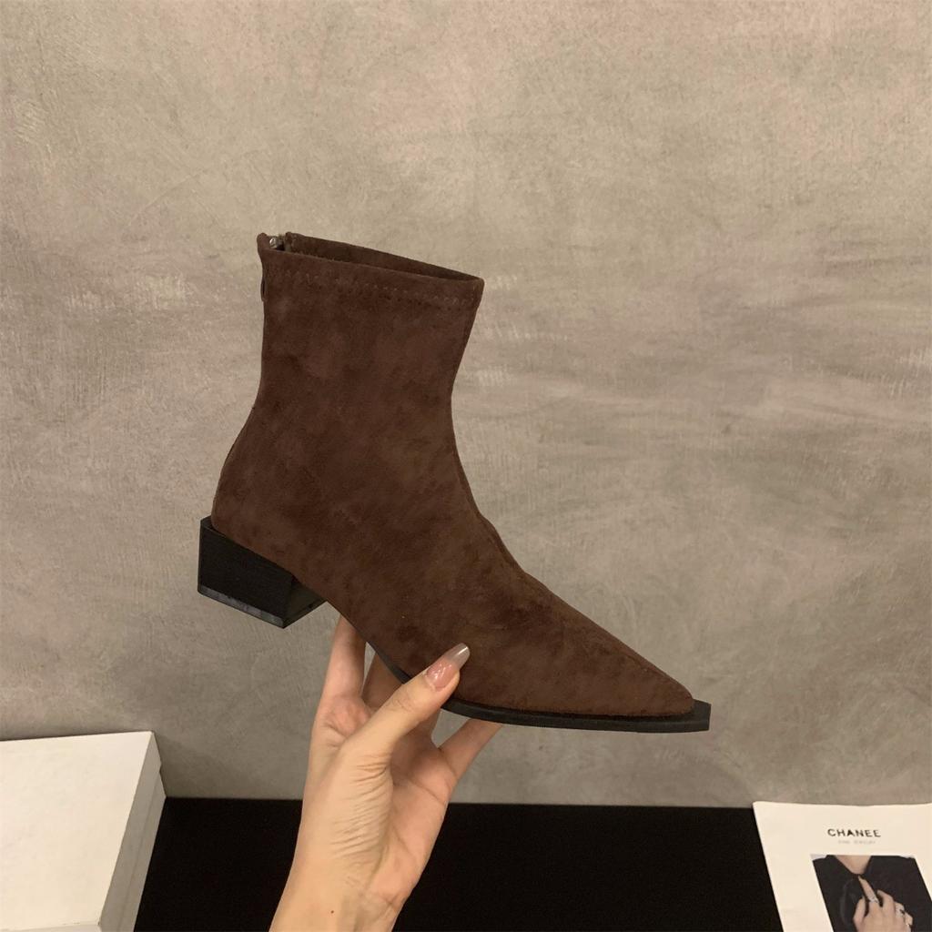Coarse Heel Pointed Leopard Print Suede French Small Ankle Boots Women's Shoes 2024 New Autumn and Winter Brown Thin Boots Short Boots