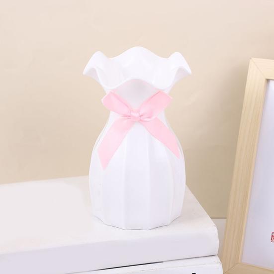 Легкая пластиковая ваза, небьющаяся ваза для цветов с гофрированным горлом, держатель для сухоцветов с бантом для спальни, гостиной, стола, декора