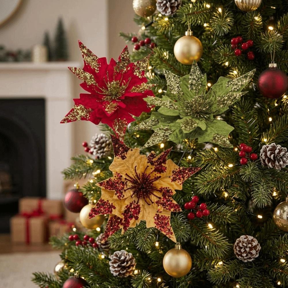 Realistic Artificial Christmas Flower Flannel Xmas Poinsettia Ornament  Holiday