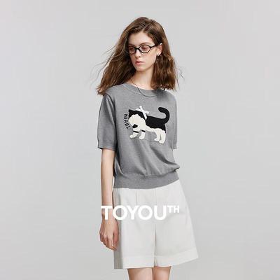 Женский трикотажный топ Chuyu с жаккардовым узором «Кошка с бантом», круглым вырезом и короткими рукавами