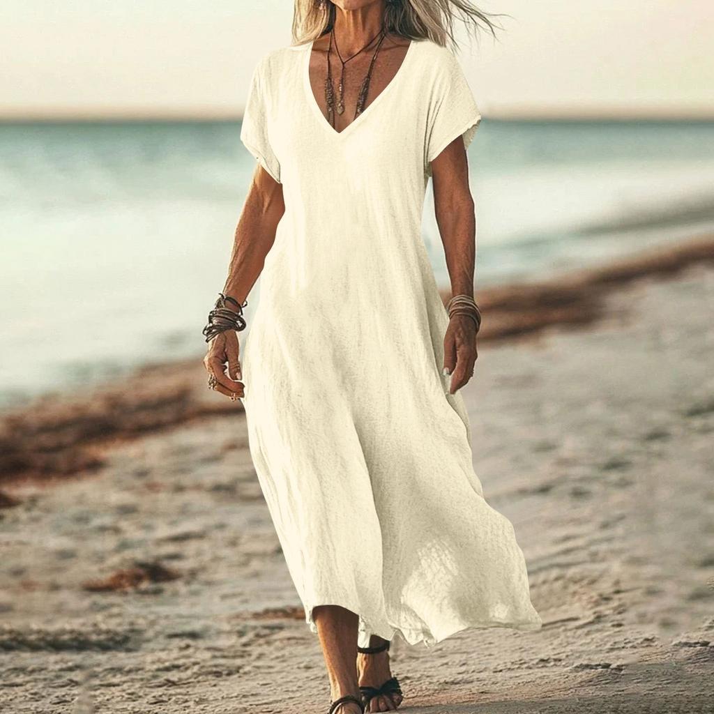 Модное женское однотонное платье с V-образным вырезом, длинное, свободное