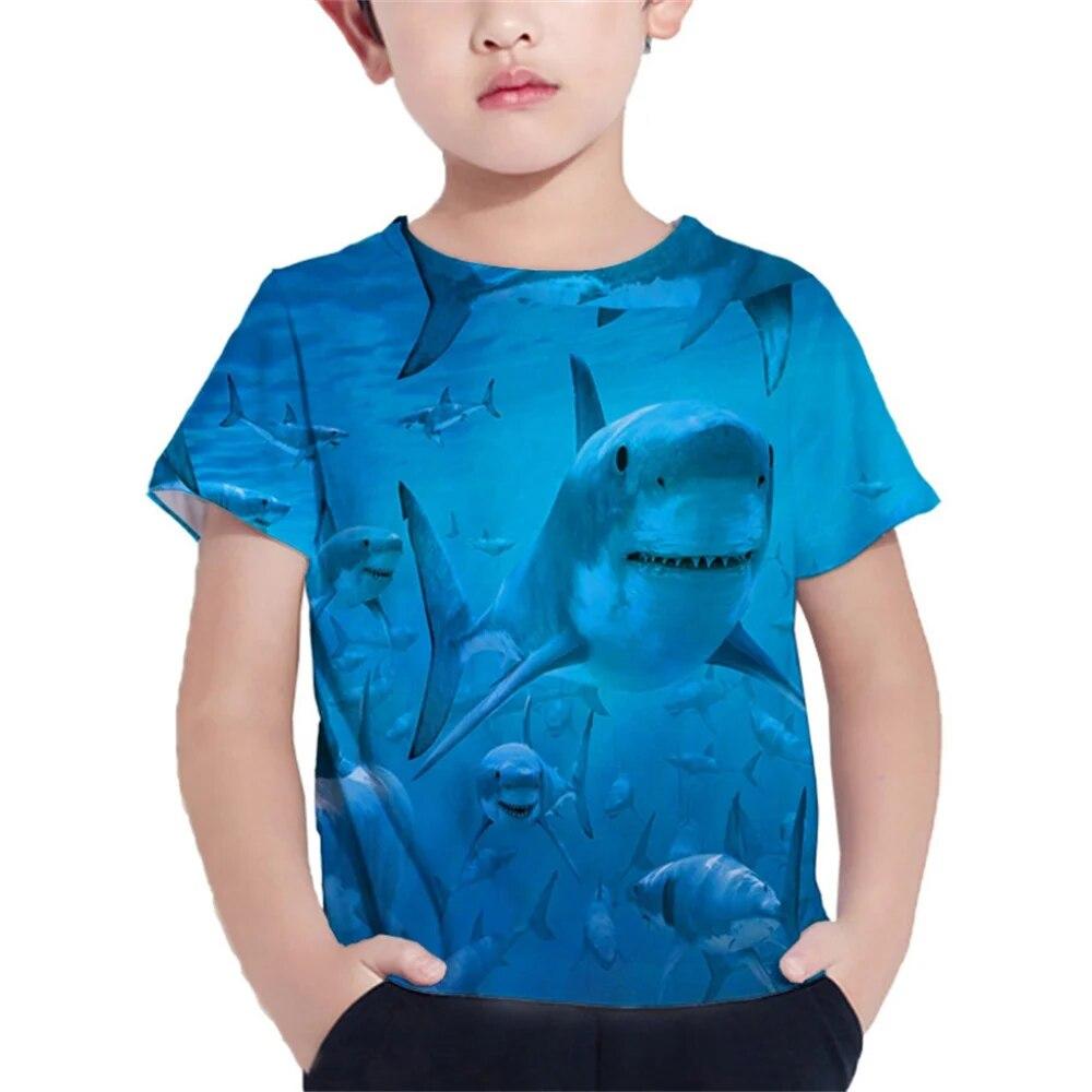 Shark Tshirt Kids Clothes Summer Animals Blue Sea T-Shirt For Boy Tee Shirt Children Top 2023 Short Sleeve 3d Print Girls Tees