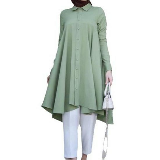 In-Stock Muslim Women's Solid Color Lapel Wrap Shirt: Long Sleeve, Button Placket, Swallowtail Hem